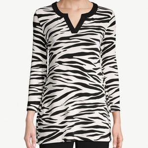 Chico’s Travelers Zebra-Print Split-Neck Top Women’s Size XL Tunic Stretch Knit